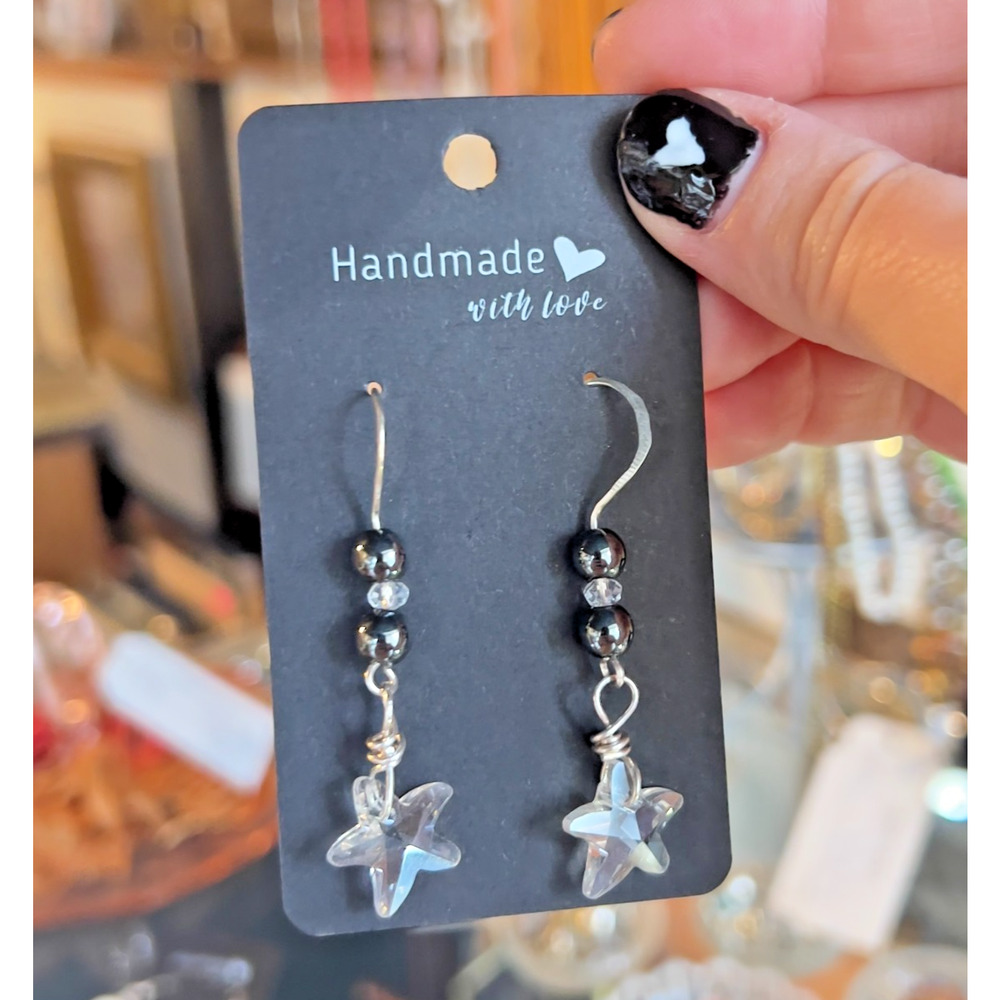 Artisan Made Hand Crafted Dangle Drop Earrings Sterling Silver Hematite Star